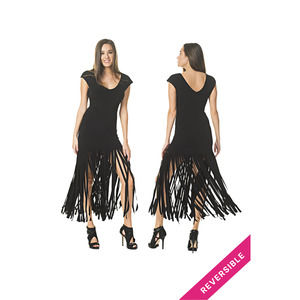 Women's V-Neck Long Fringe Dress Size L Eva Varro Reversible Black Dressy  NWT